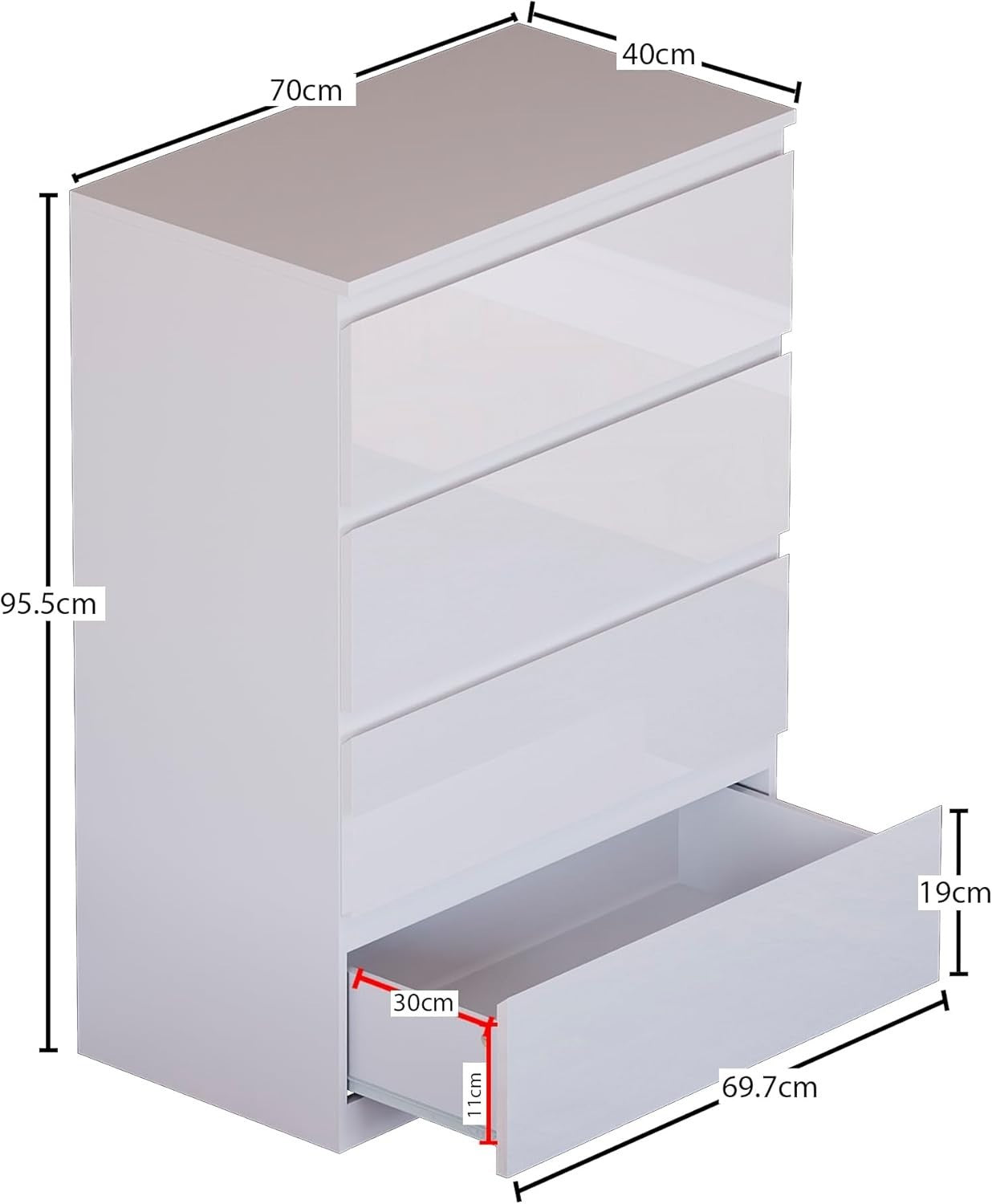 White Gloss 4 Drawer Chest Modern Storage Unit Bedroom Cabinet 95.5cm