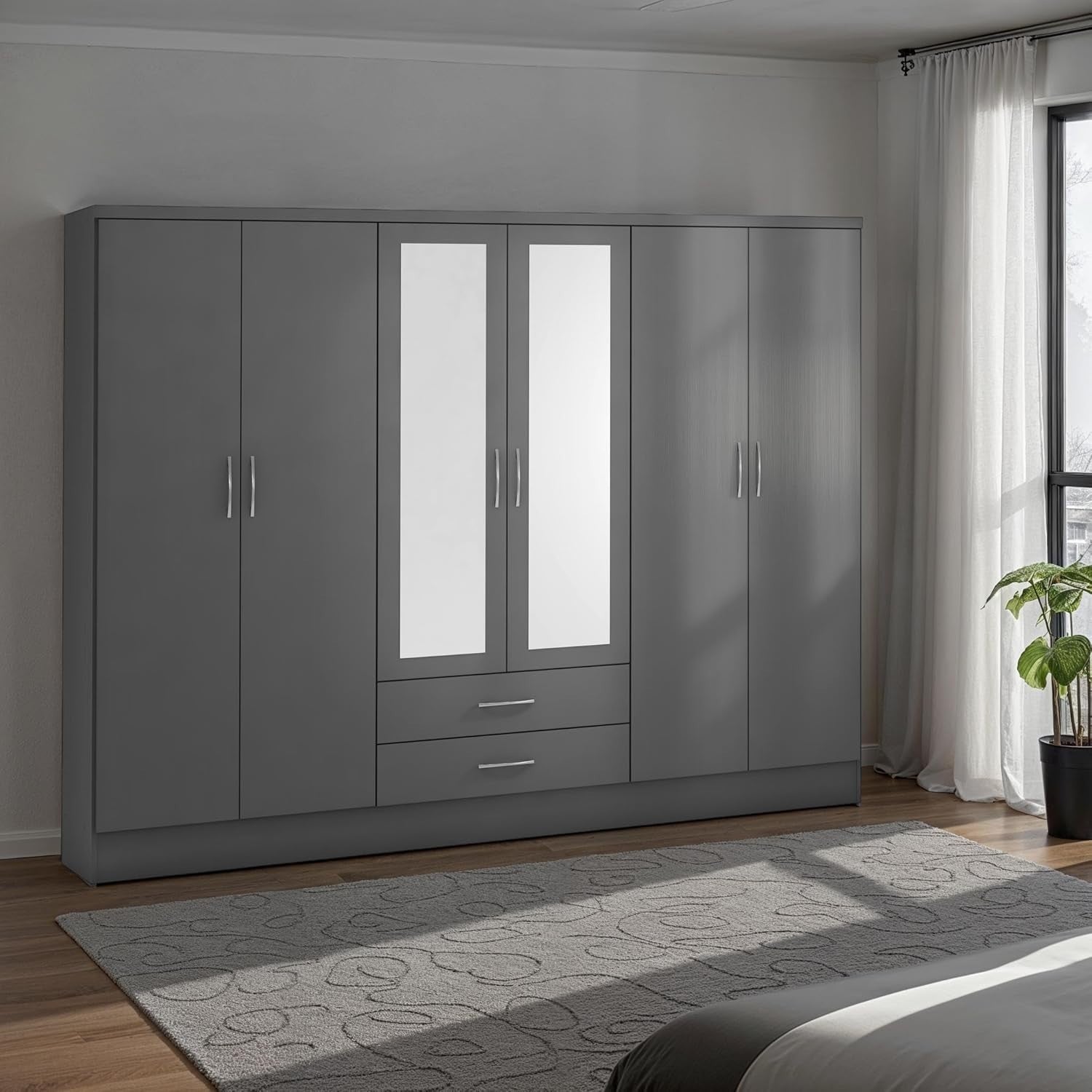 Modern 6-Door Grey Wardrobe with 2 Drawers & Mirror | Spacious, Durable Storage