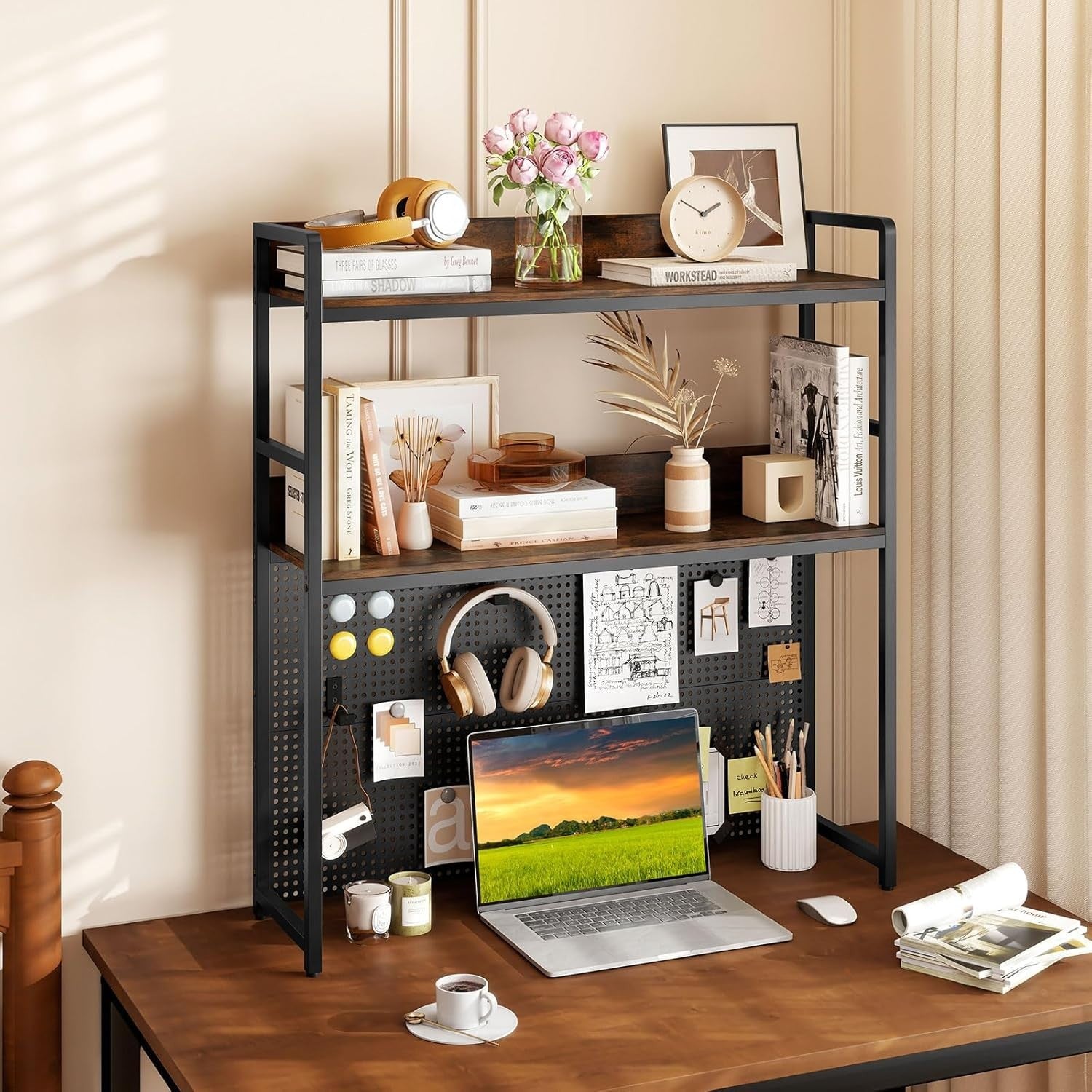 2-Tier Desktop Bookshelf Hutch Pegboard Monitor Shelf Rack Industrial Storage