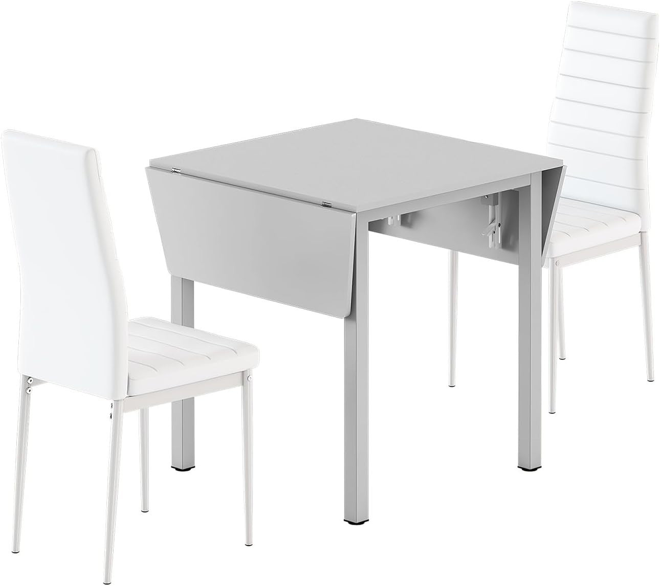 Space-Saving White Drop Leaf Dining Table with 2 Chairs - Modern PU Leather Set