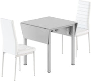 Space-Saving White Drop Leaf Dining Table with 2 Chairs - Modern PU Leather Set