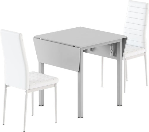 Space-Saving White Drop Leaf Dining Table with 2 Chairs - Modern PU Leather Set