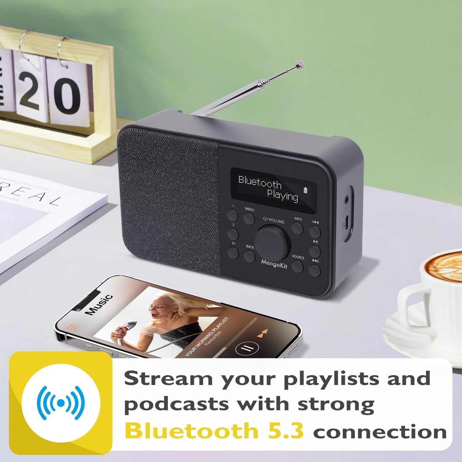 Portable DAB DAB+ FM Radio Bluetooth Kitchen Alarm Stone Grey
