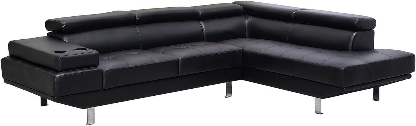 Black Bonded Leather L-Shape Corner Sofa with Adjustable Headrests & Cup Holders