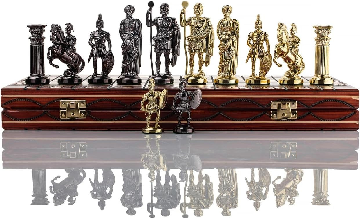 16" Luxury Spartan Chess Set Weighted Chrome Pieces & Inlaid Wooden Board