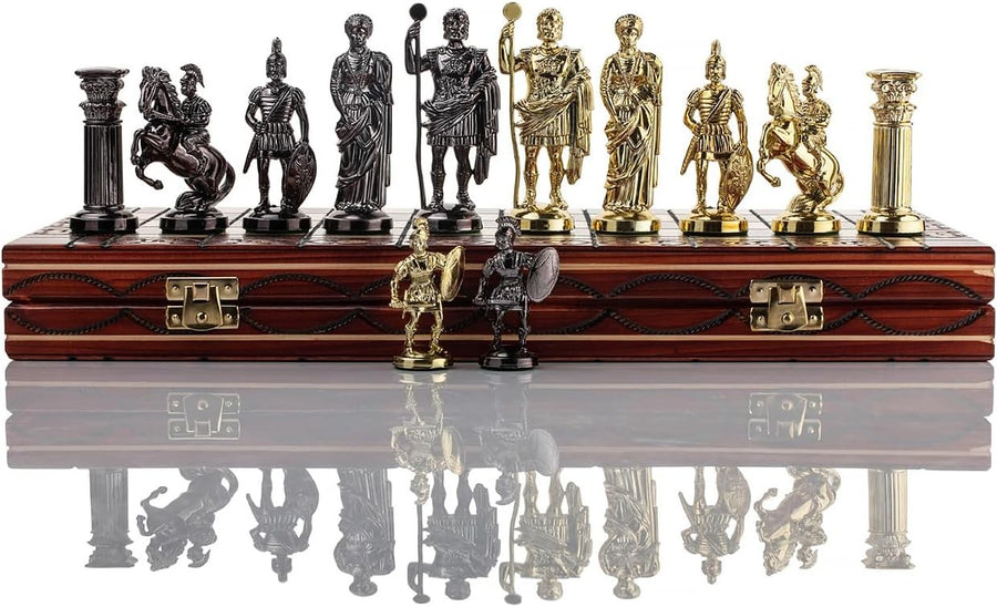16" Luxury Spartan Chess Set Weighted Chrome Pieces & Inlaid Wooden Board