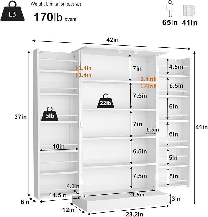 Tall White Kitchen Pantry Cabinet with 6 Adjustable Shelves & Doors – Space