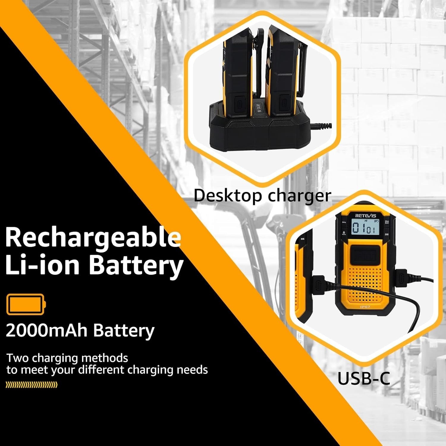 Heavy Duty Walkie Talkies IP67 Waterproof SOS VOX 6 Pack Yellow