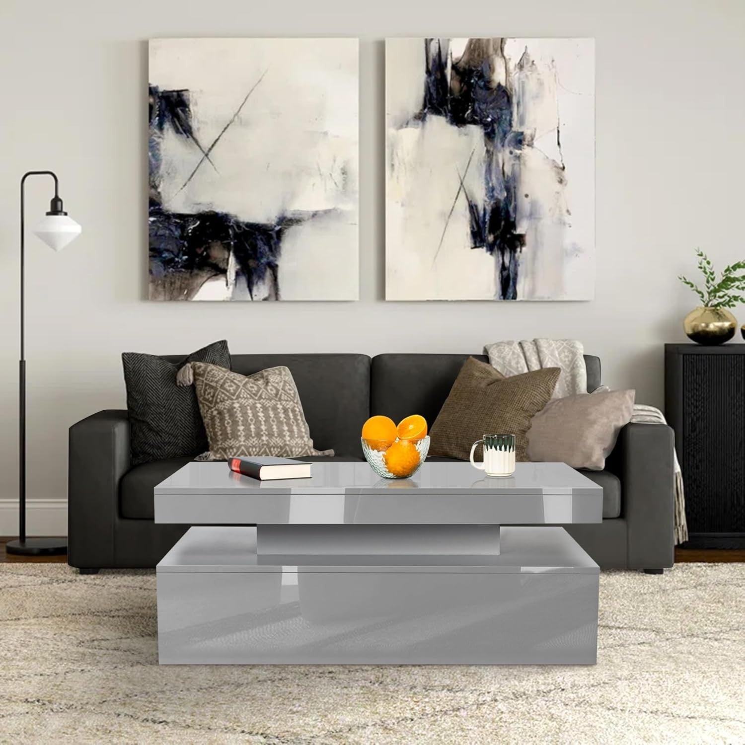 Grey High Gloss Coffee Table with LED Lights & 2 Drawers | 94cm Storage