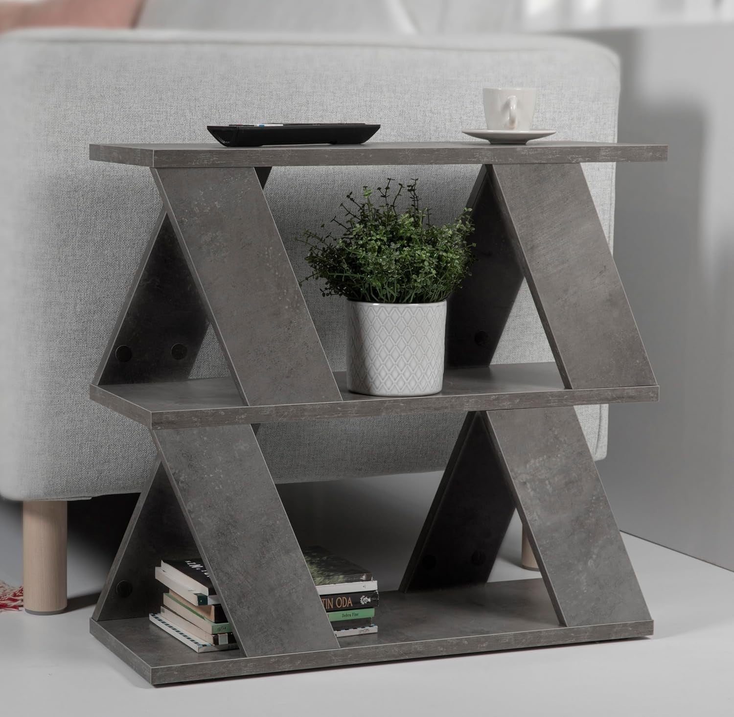 Slim 2 Tier Narrow Side Table with Storage | Grey Modern End Table 60cm