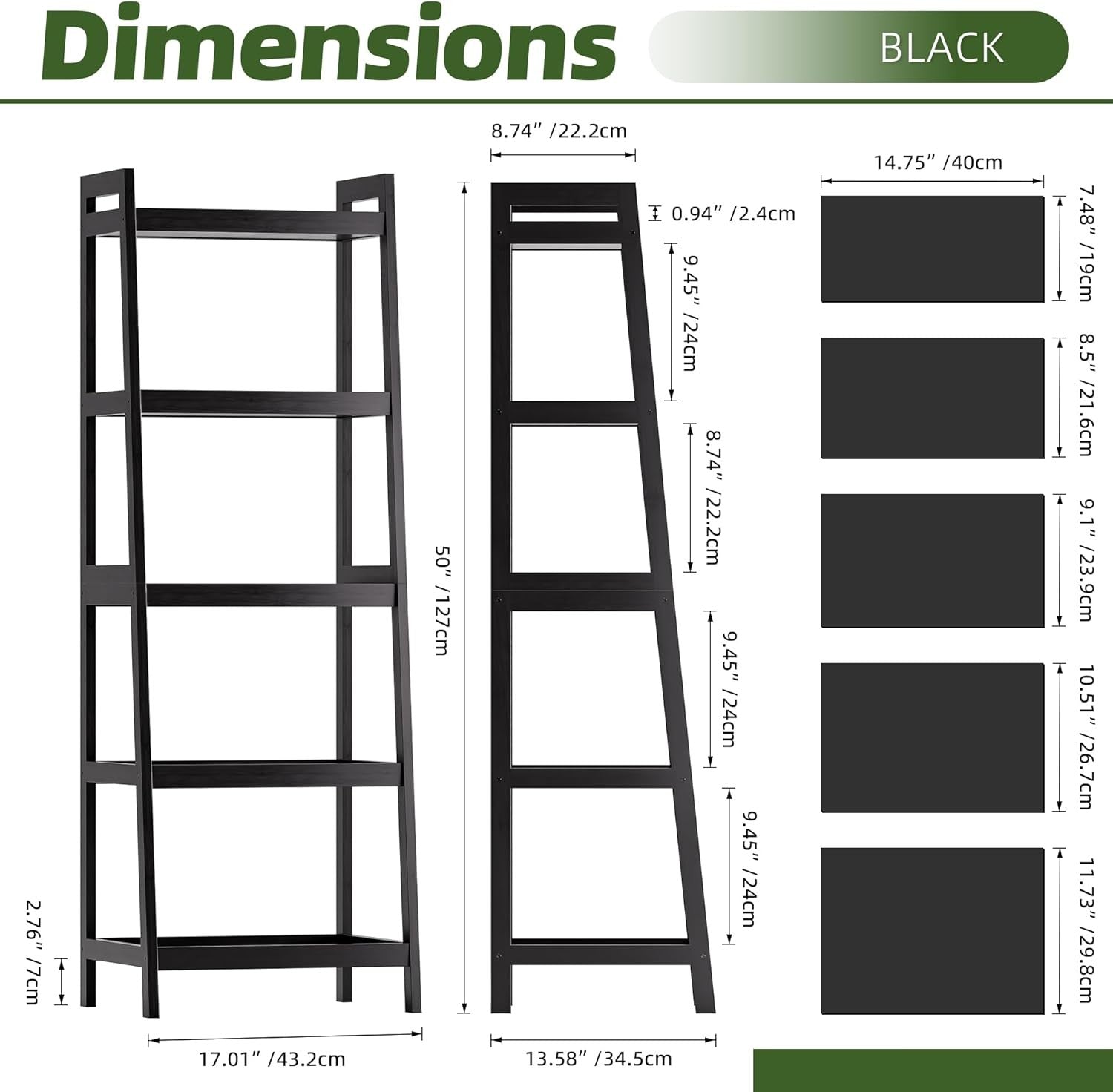 Black 5-Tier Ladder Bookcase, Tall Narrow Bamboo Frame Display Storage Shelf