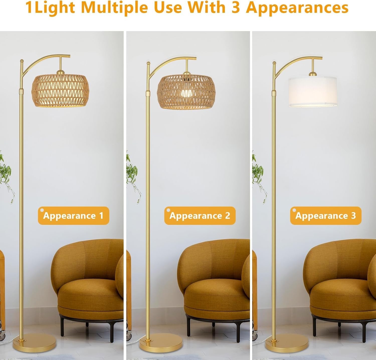 Rattan Floor Lamp Remote Control Dimmable LED Boho Gold Standing Light