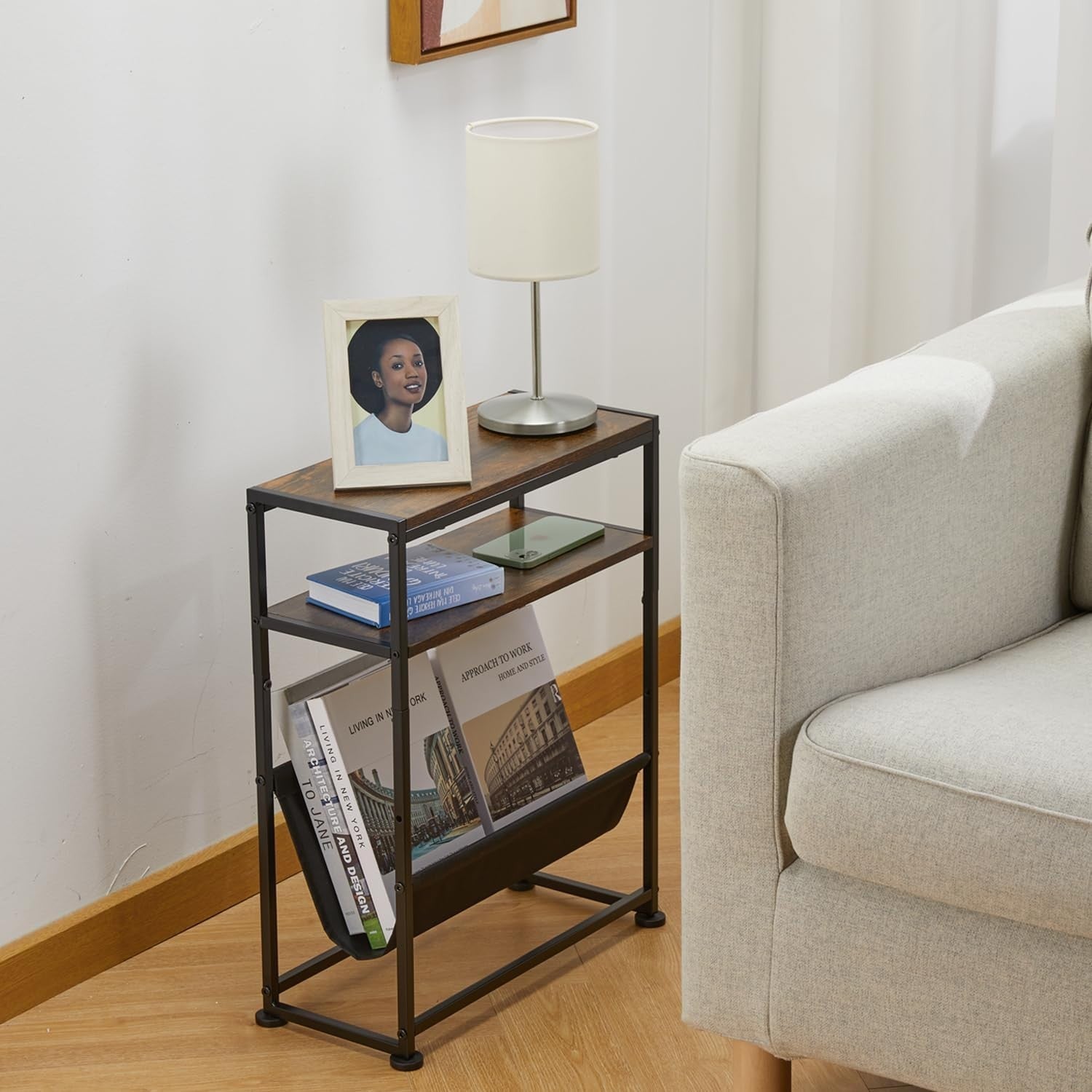 Slim Rustic Side Table with Magazine Rack – Narrow End Table for Sofa Bed