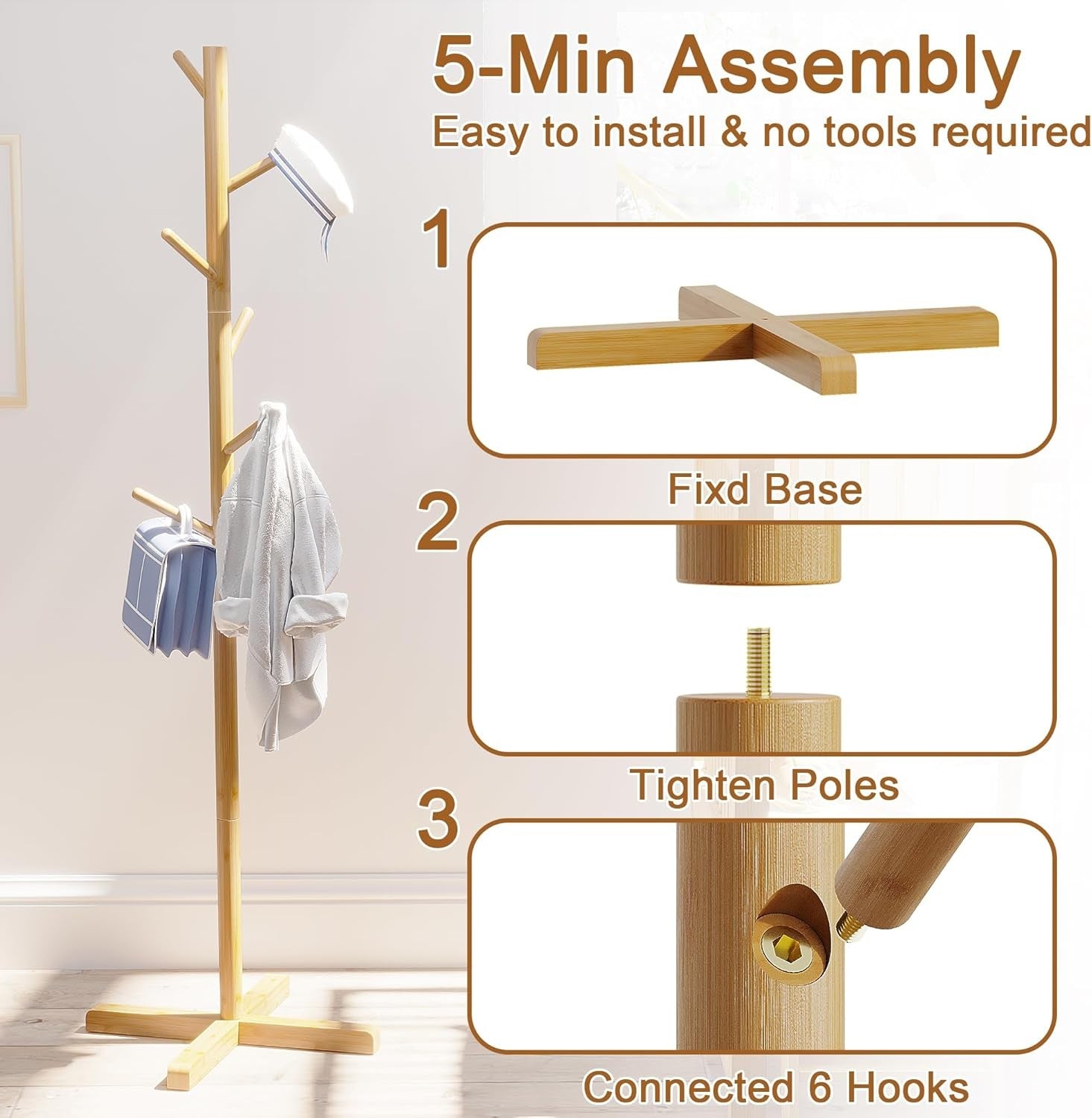 Freestanding Wooden Coat Rack 9 Hooks Adjustable Height 2 Tier Hall Stand
