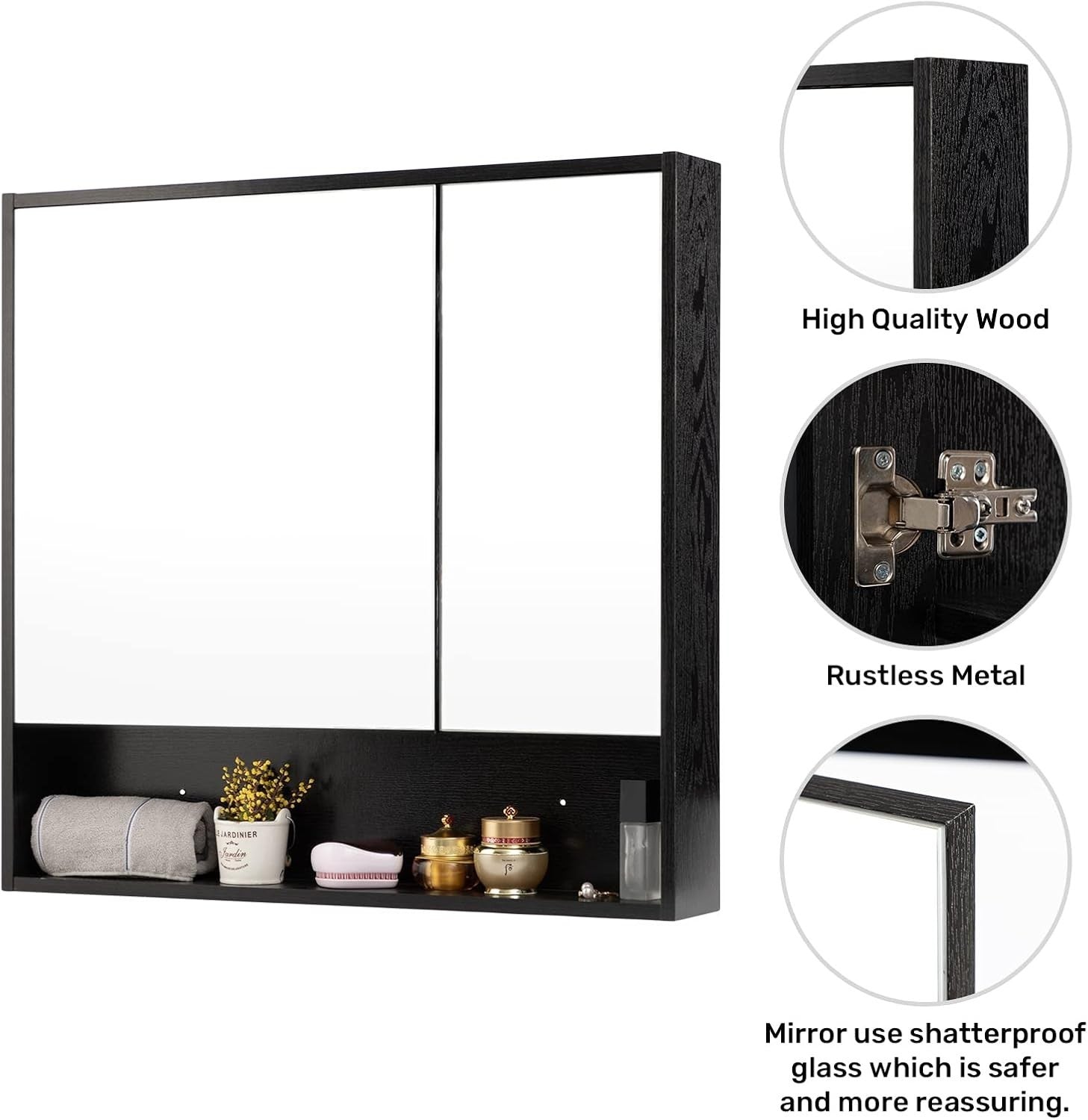 Wall Mounted Bathroom Mirror Cabinet 78x75cm Double Door Shelf Storage