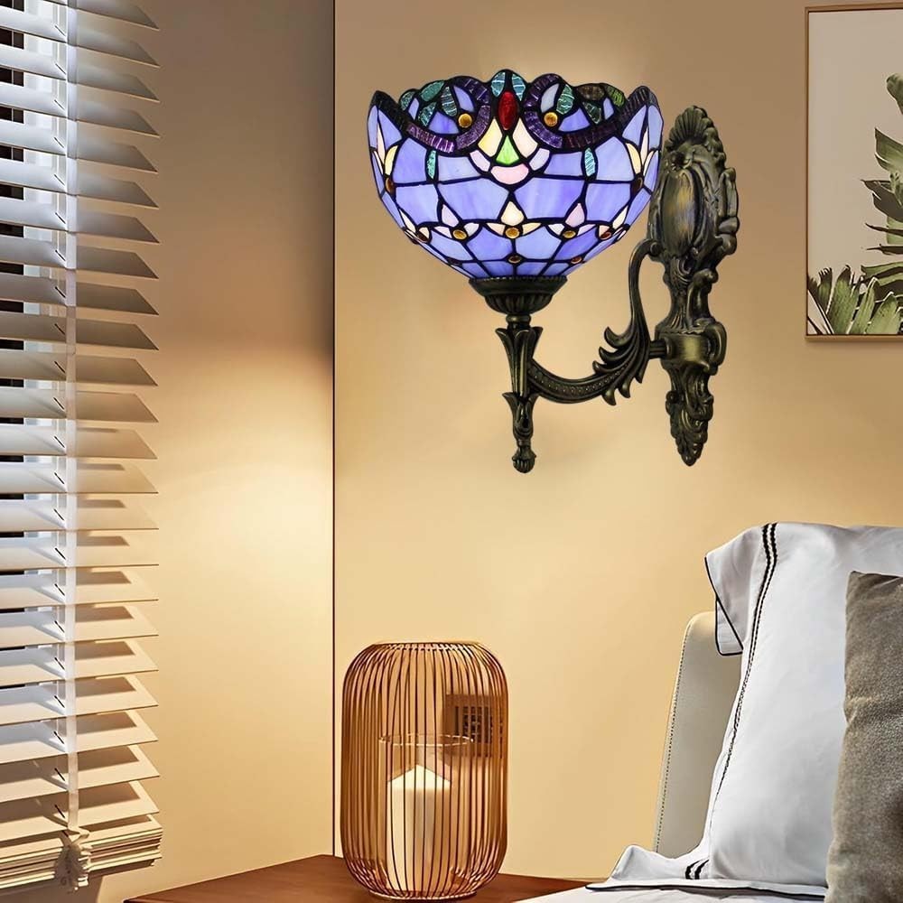 Vintage Wall Lamp with Blue Stained Glass Shade – 28cm Retro Light Fixture