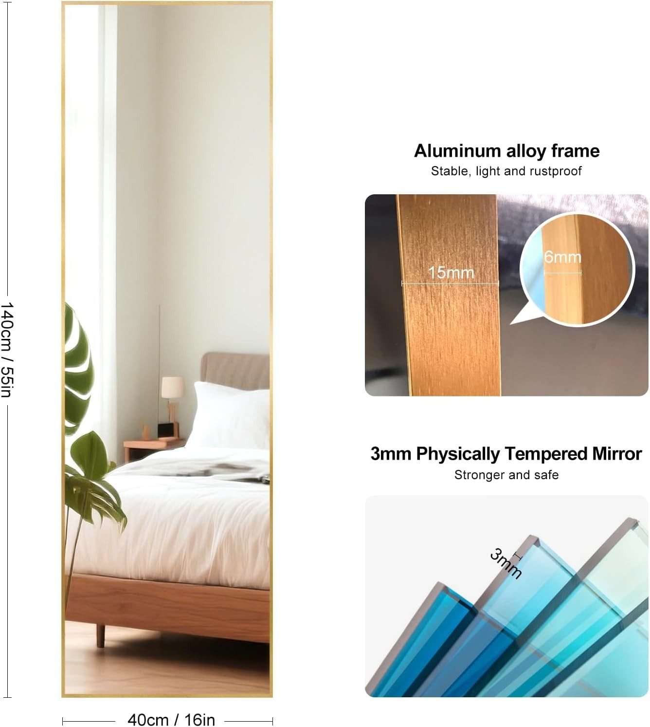 Gold Full Length Mirror 140x40cm Wall or Floor Standing, Shatterproof Glass