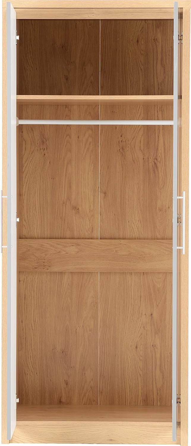 Grey Gloss 2 Door Wardrobe with Light Oak Frame – Compact Bedroom Storage