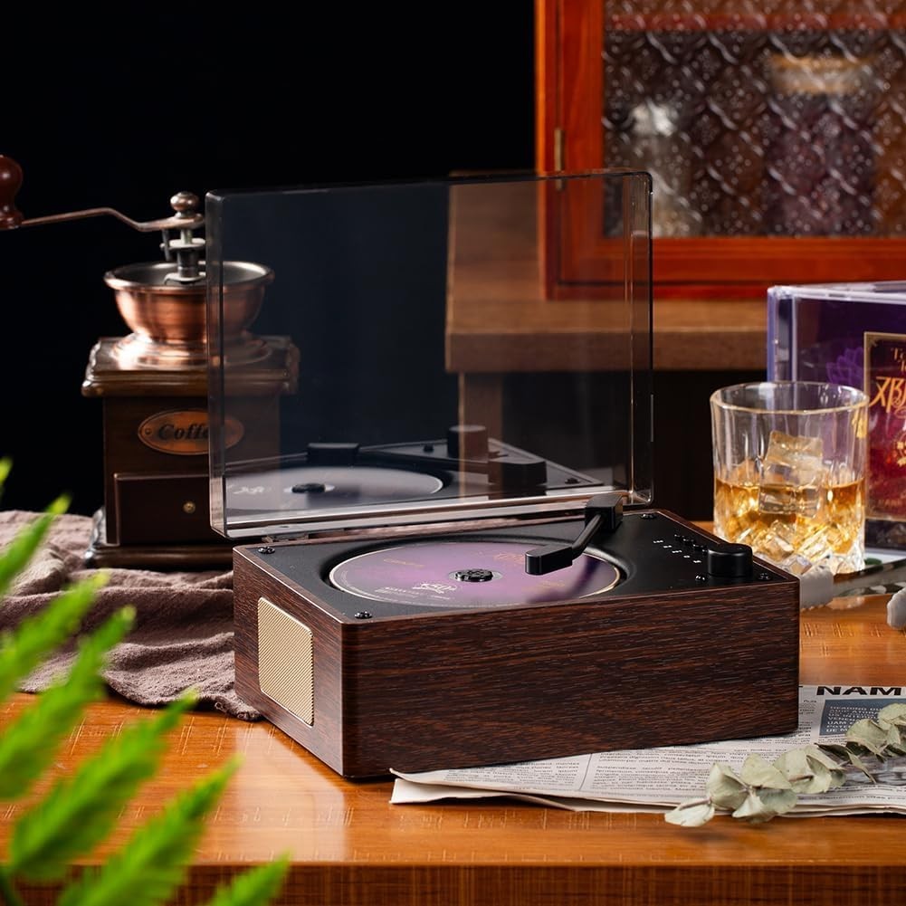 Retro Bluetooth CD Player Rechargeable Speakers USB AUX Remote Walnut