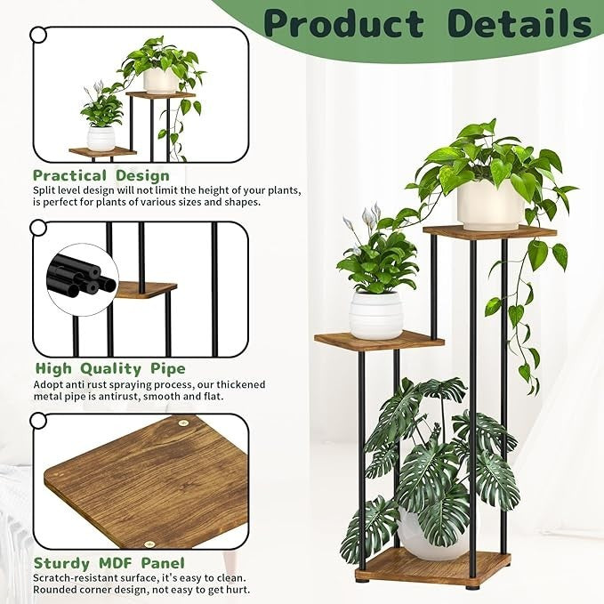3 Tier Metal & Wood Tall Plant Stand Indoor Corner Flower Display Shelf