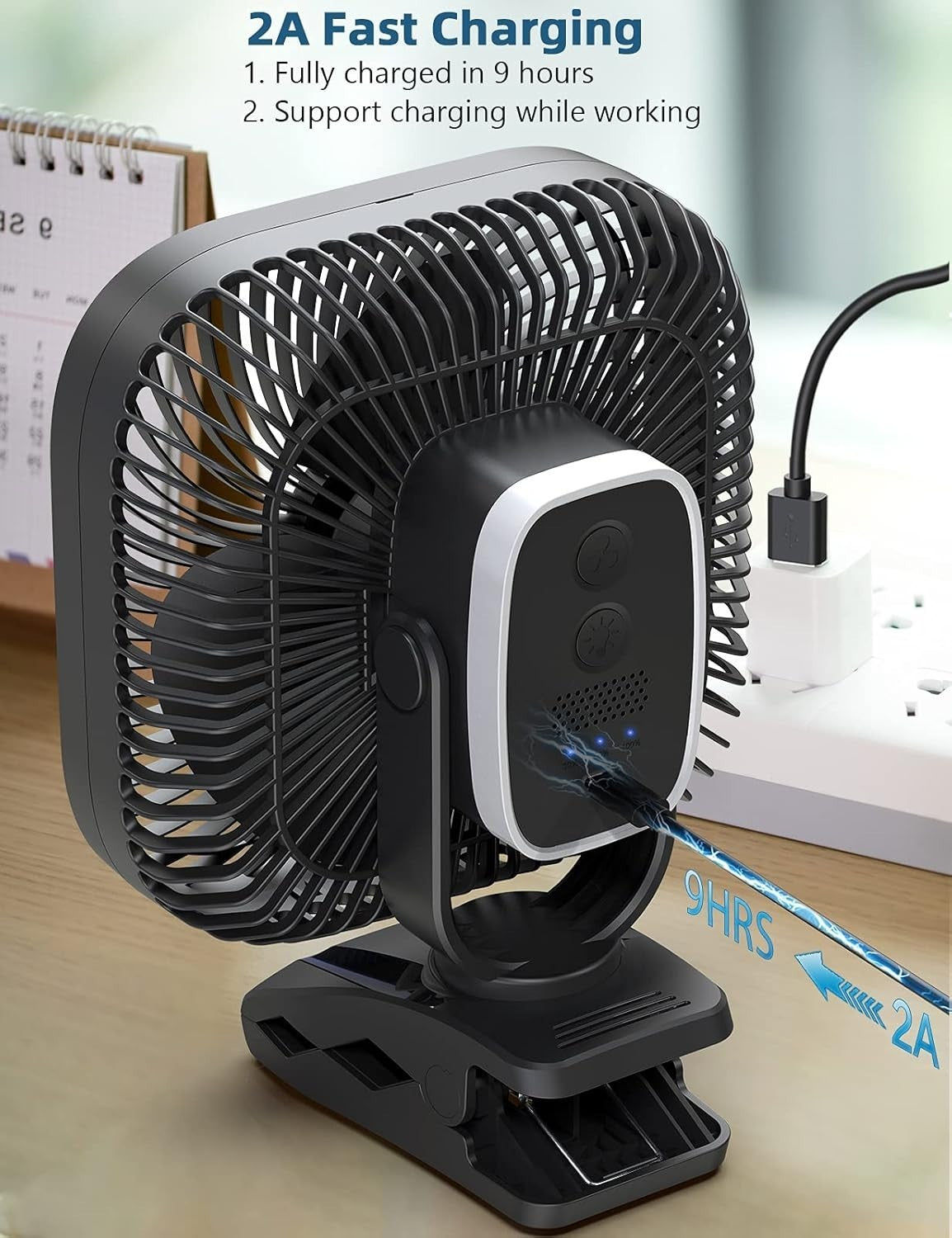 8" Rechargeable Clip-on Fan – 20000mAh Quiet 4Speed Portable Fan Black LED Light