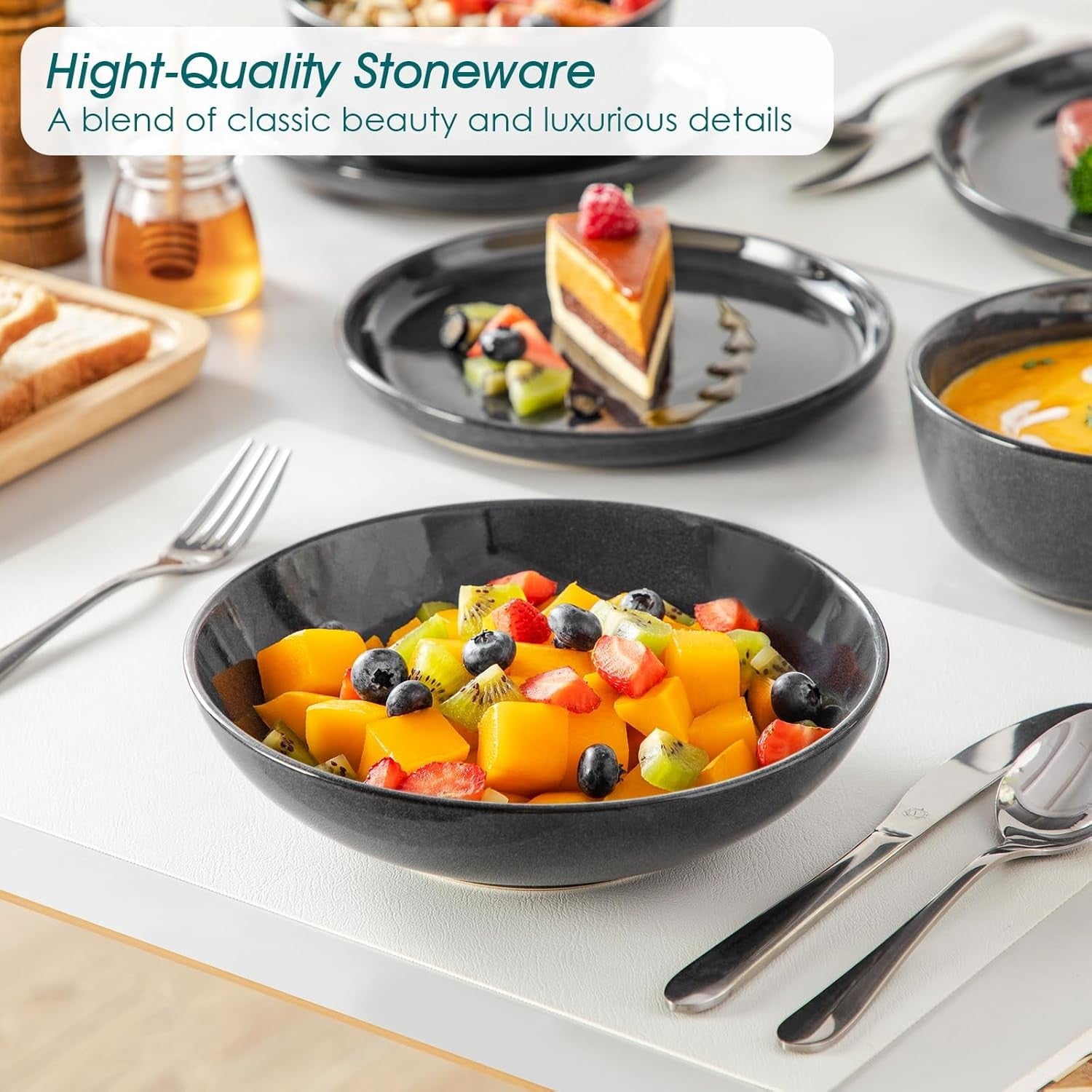 24pc Ceramic Dinner Set Grey Plates Bowls Microwave Dishwasher Safe