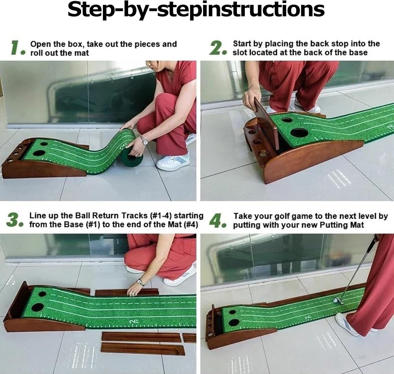 Golf Putting Mat Indoor Practice Green Auto Return Wooden Base Trainer