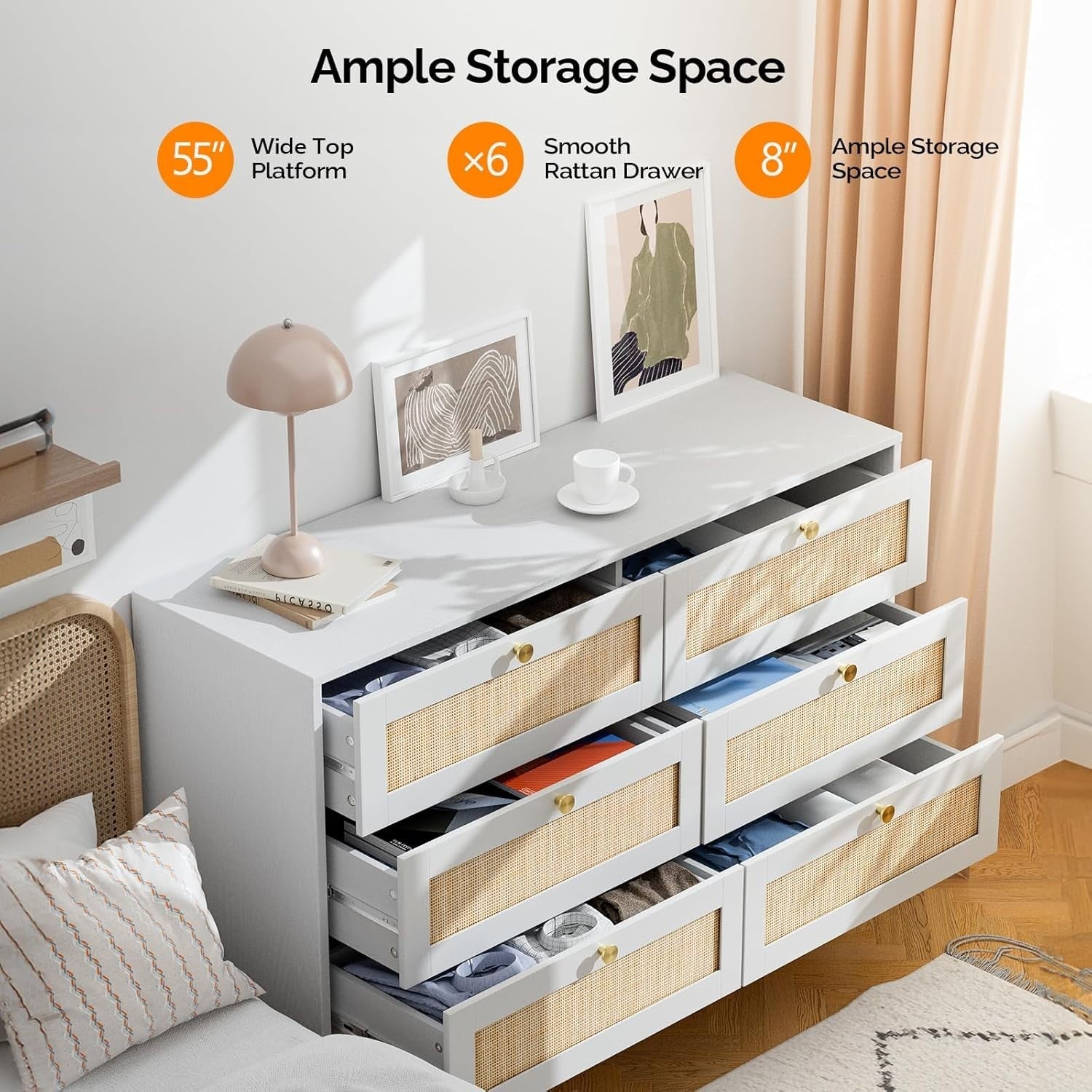 White 6 Drawer Rattan Chest – Sturdy Storage Cabinet for Bedroom & Living Room