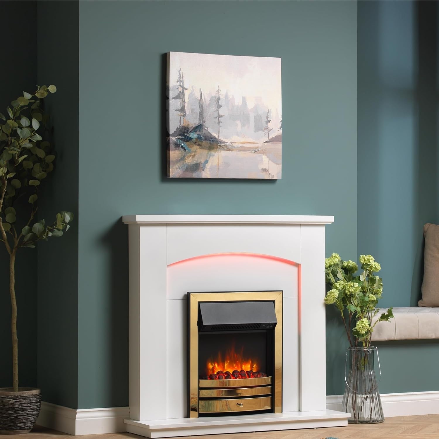 42” Electric Fireplace Suite Brass Trim Remote Log Heater MDF Surround