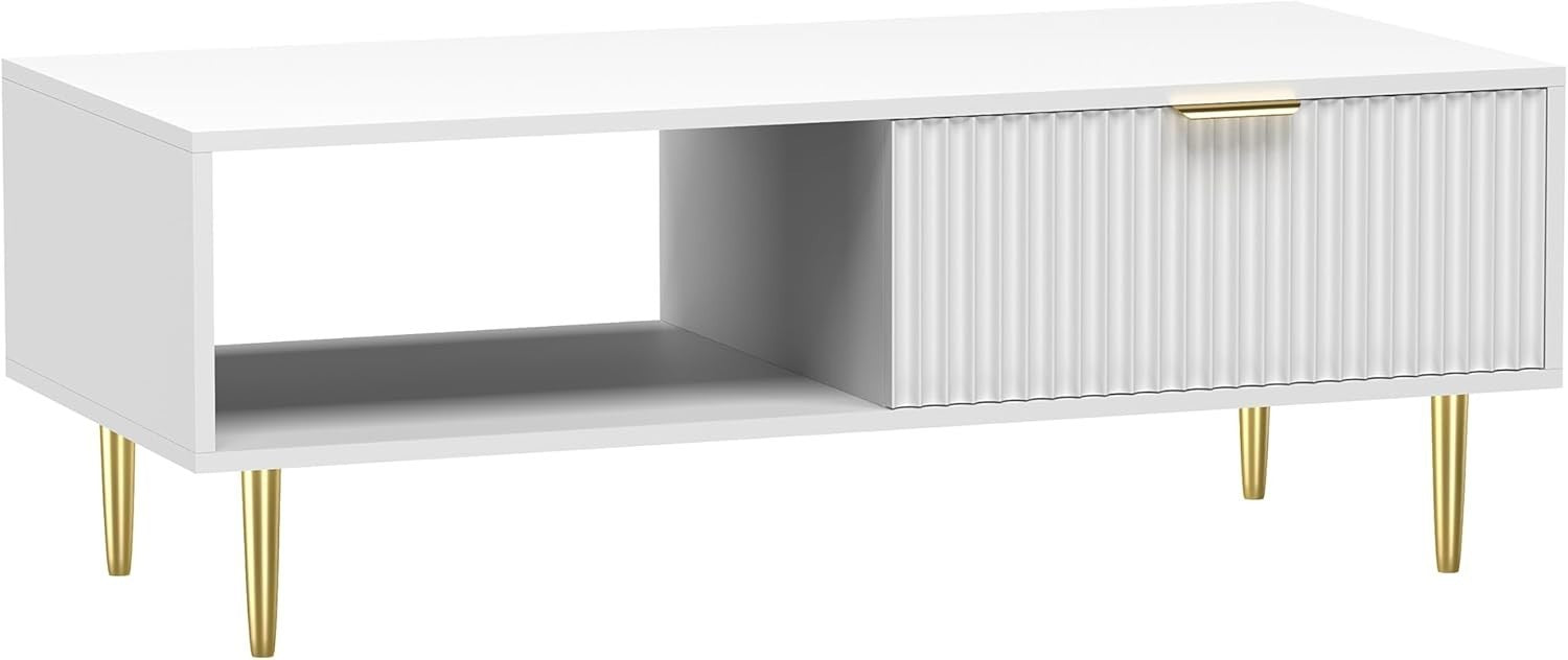 Modern White Coffee Table with Storage Drawer & Gold Legs – 110x50x40cm
