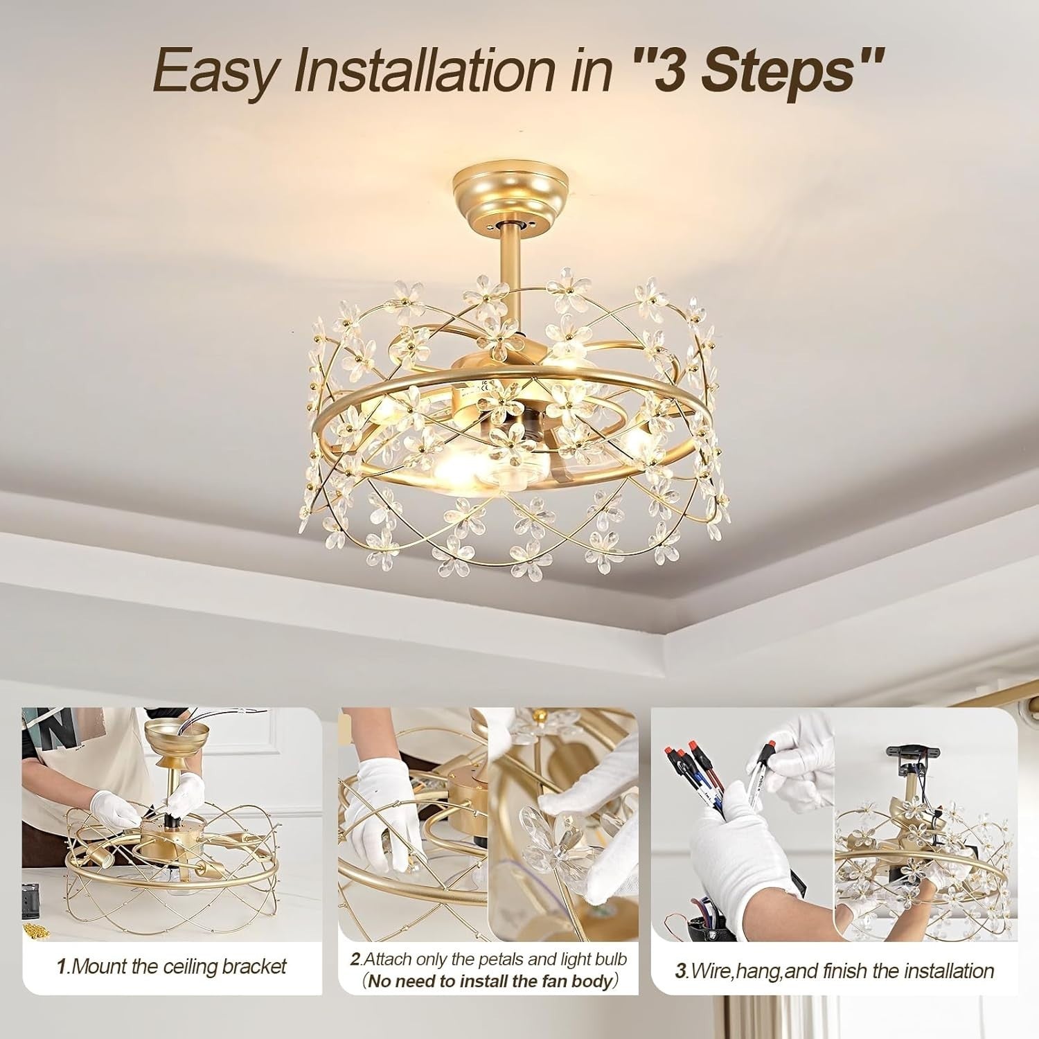 Youngrender 20" Gold Ceiling Fan with Light, Flower Chandelier, Remote