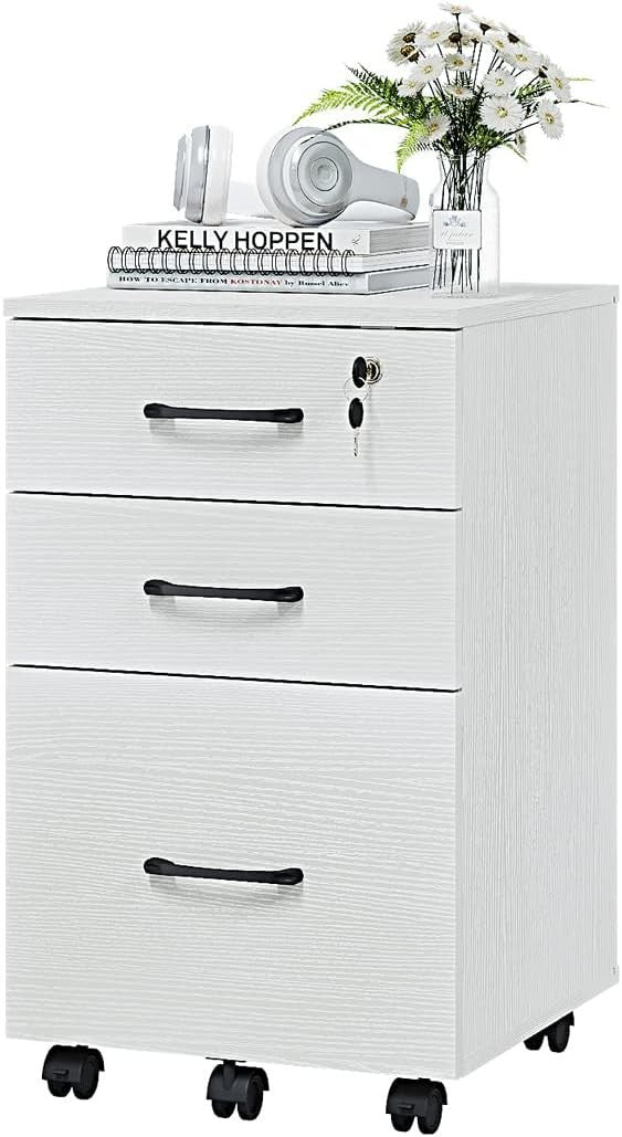White Mobile Filing Cabinet 3 Drawer Lockable Under Desk Storage