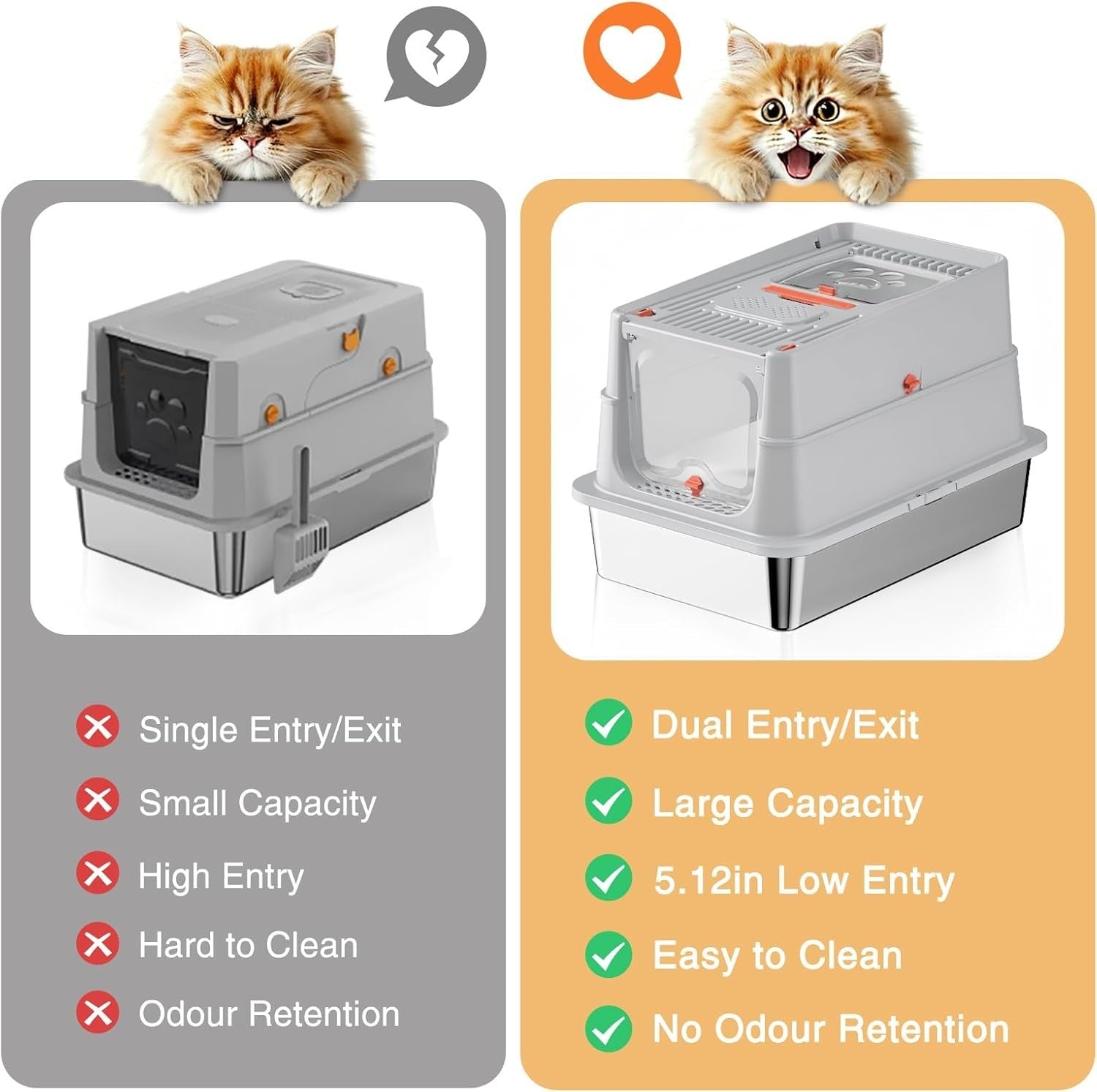 XL Stainless Steel Cat Litter Box Front Top Entry High Sided Grey