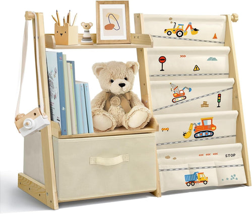 Excavator Kids Bookcase & Toy Storage – 4-Tier Wooden Shelf Unit with Toy Box