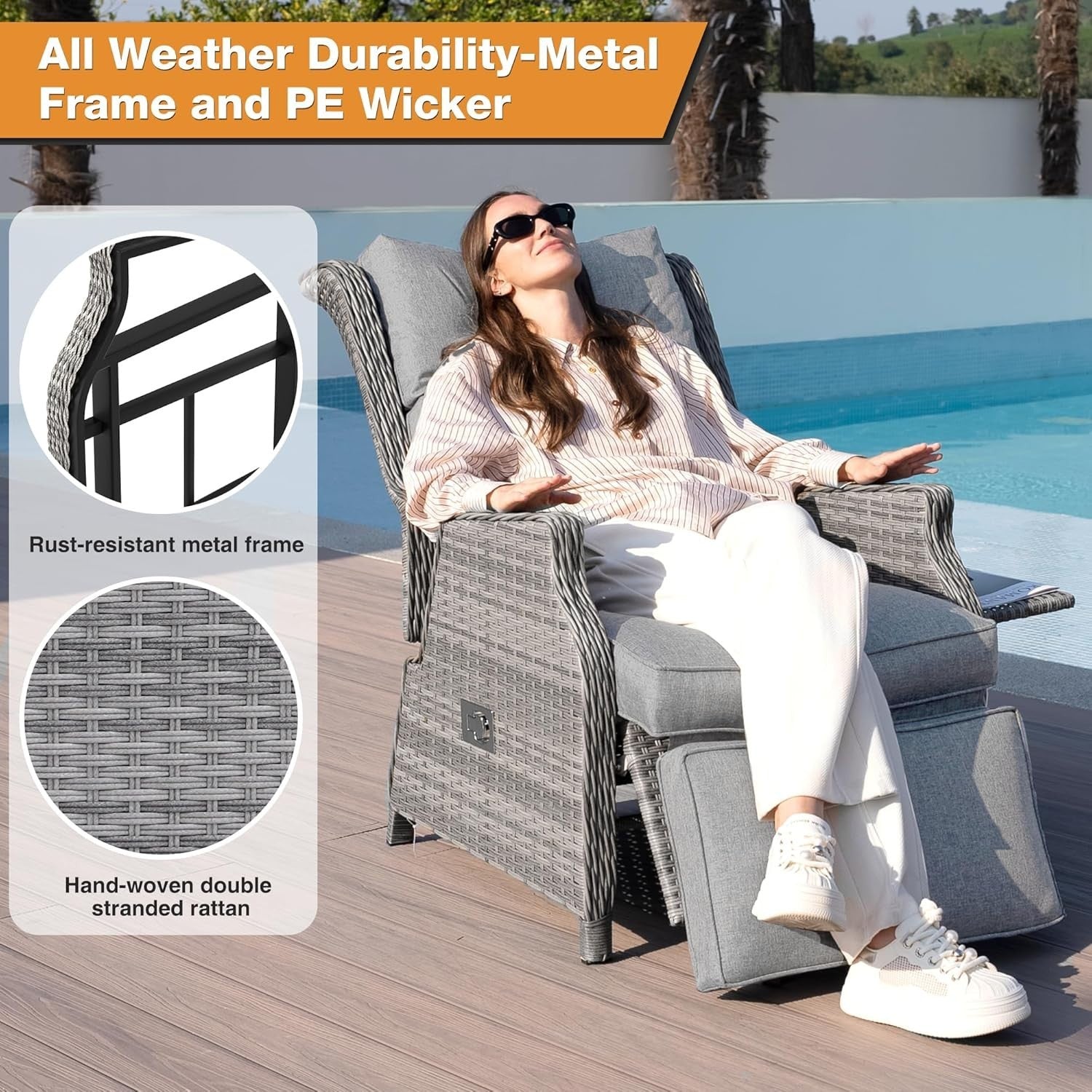 Rattan Recliner Sun Lounger Chair w/ Cushions & Flip Table – Light Grey