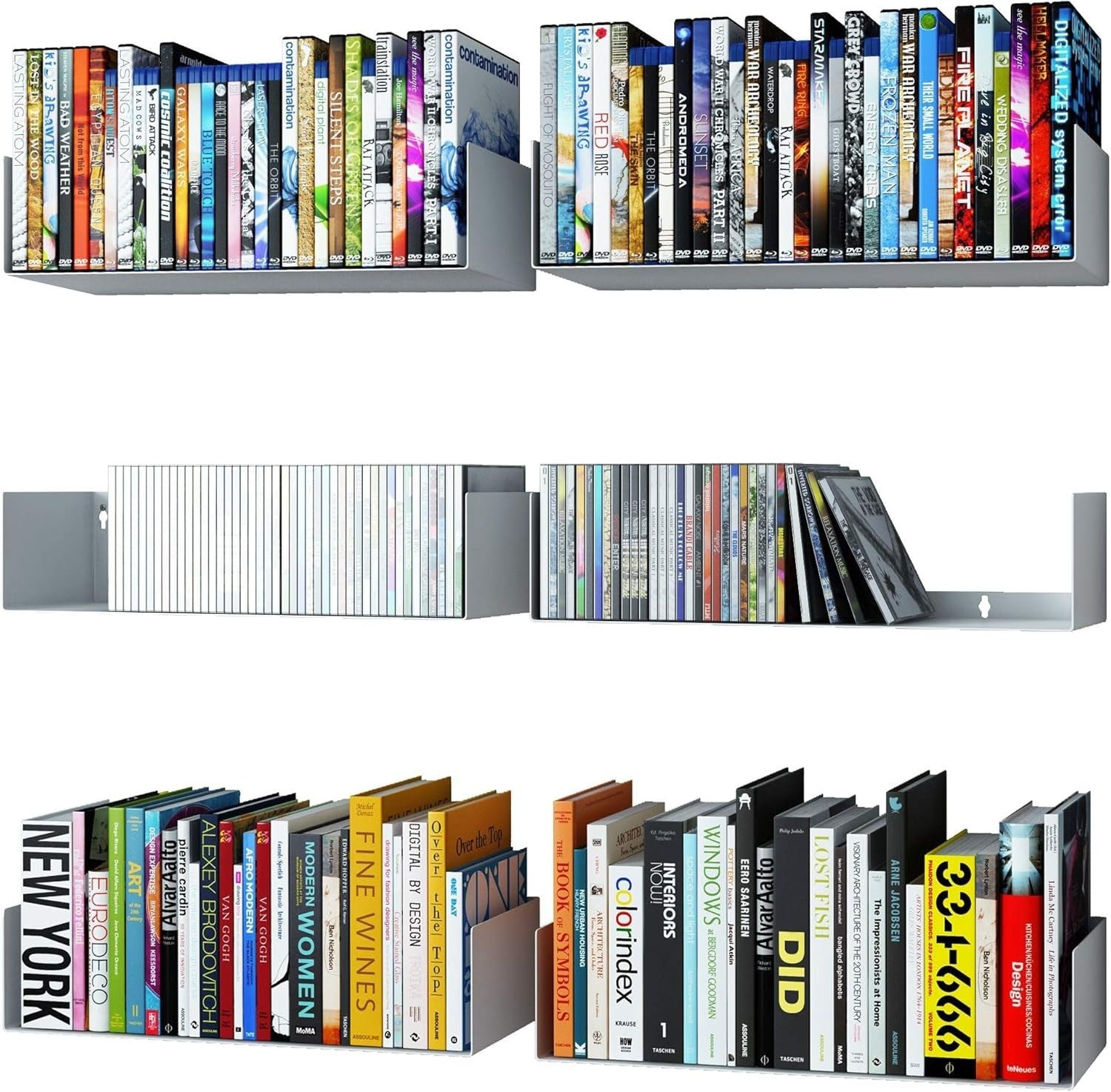White Floating Wall Shelves Set of 6 CD DVD Storage Metal Bookshelf