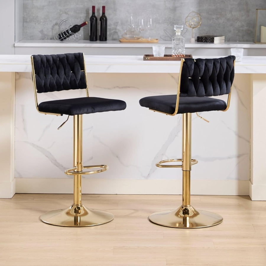 Adjustable Velvet Bar Stools Set of 2 Black Swivel Counter Chairs
