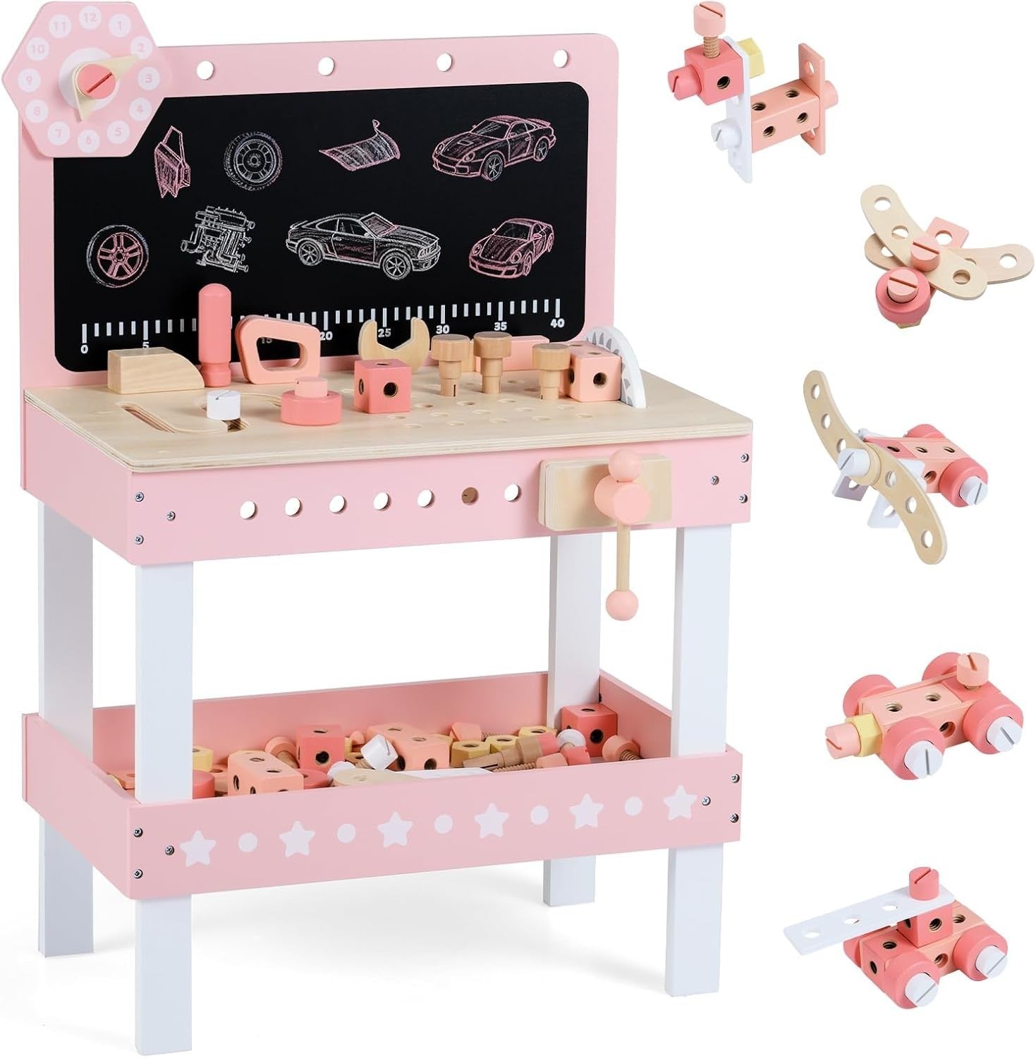 Pink Wooden Kids Workbench Tool Set 75pcs w/ Blackboard Clock Storage 50x29