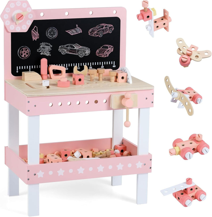 Pink Wooden Kids Workbench Tool Set 75pcs w/ Blackboard Clock Storage 50x29