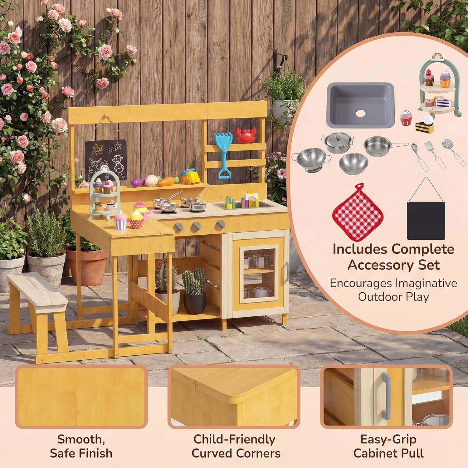 Kids Mud Kitchen Outdoor Wooden Play Kitchen Picnic Table Natural