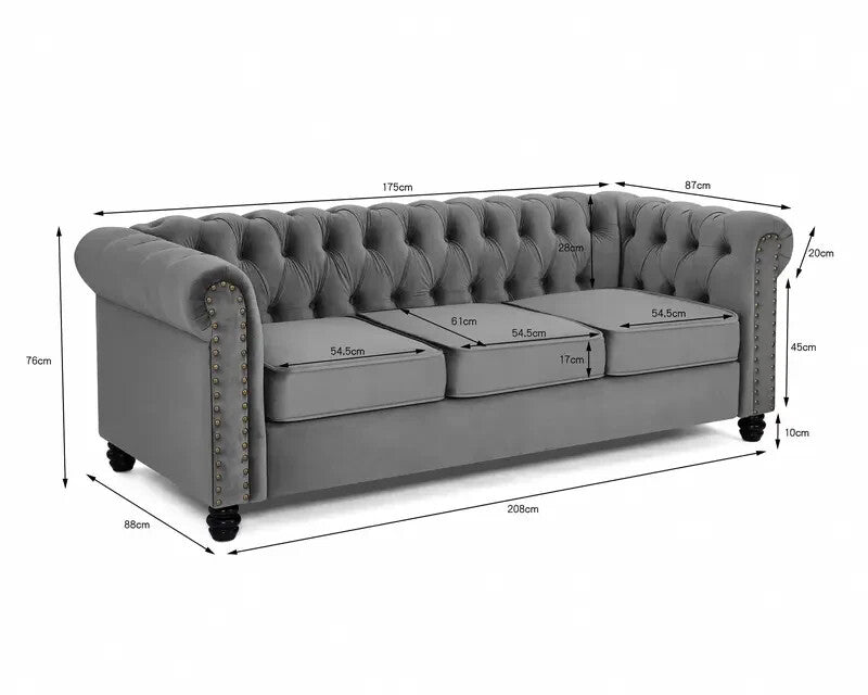 3 Seater Grey Chesterfield Sofa | Velvet Scroll Arms Stud Detail Sofa UK