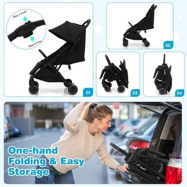 Black Baby Stroller One Hand Fold Lightweight Travel Buggy 5 Point