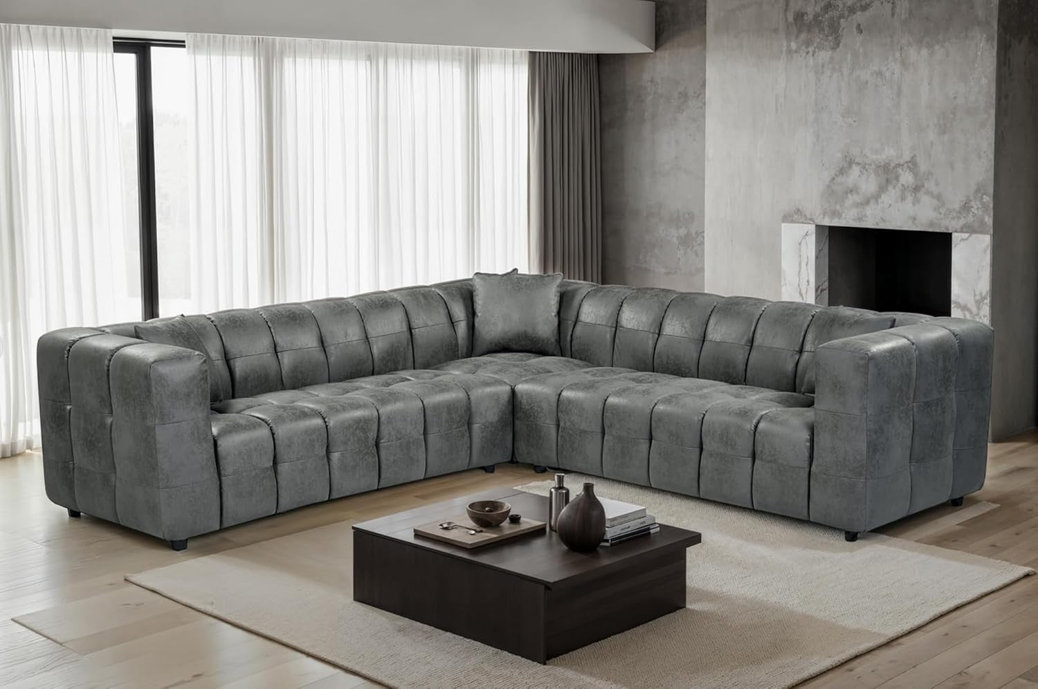 Grey Faux Leather 5 Seater L Shaped Corner Sofa – Deep Seats + Cushions