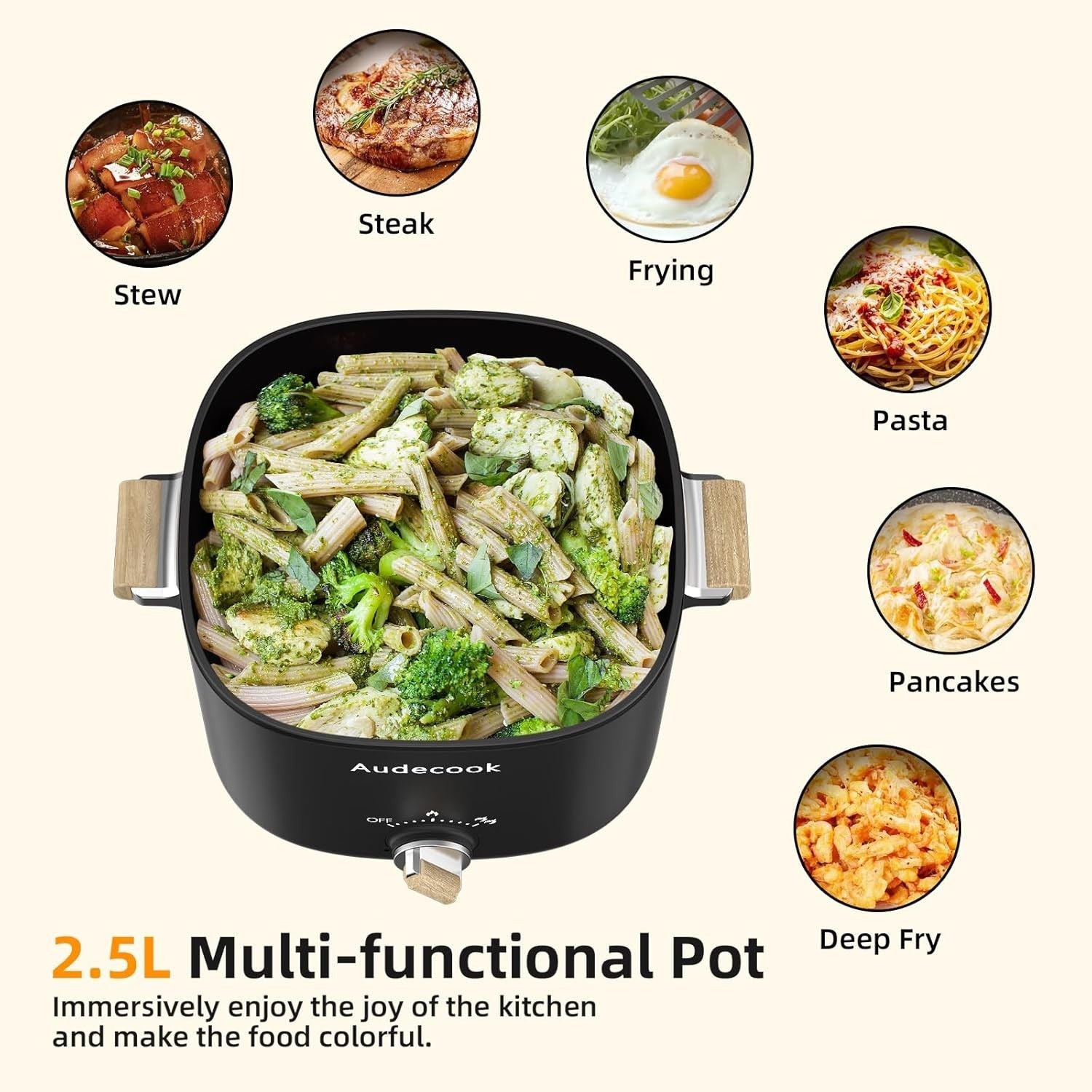 Electric Multi Cooker 2.5L Non-Stick Hot Pot for Ramen, Steak, Soup & More