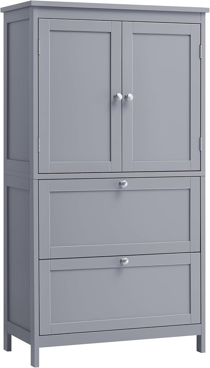 Tall Grey Bathroom Storage Cabinet with 2 Drawers & Double Doors – Adjustable