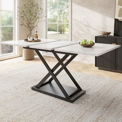 Extendable Dining Table White Marble Black Iron Legs 120-160cm