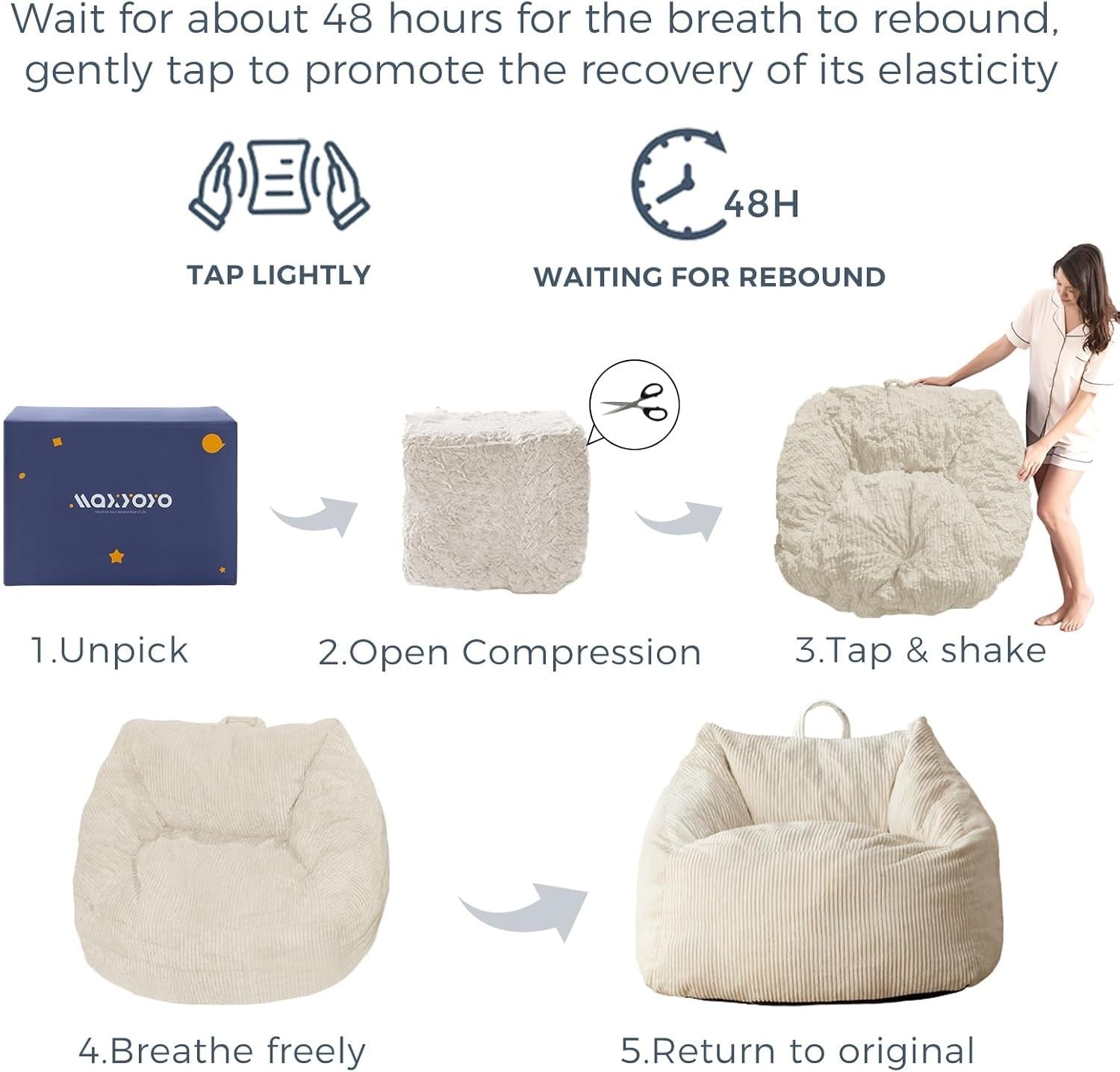 Giant Corduroy Bean Bag Chair with Foam Filling Soft Oversized Lounge Seat