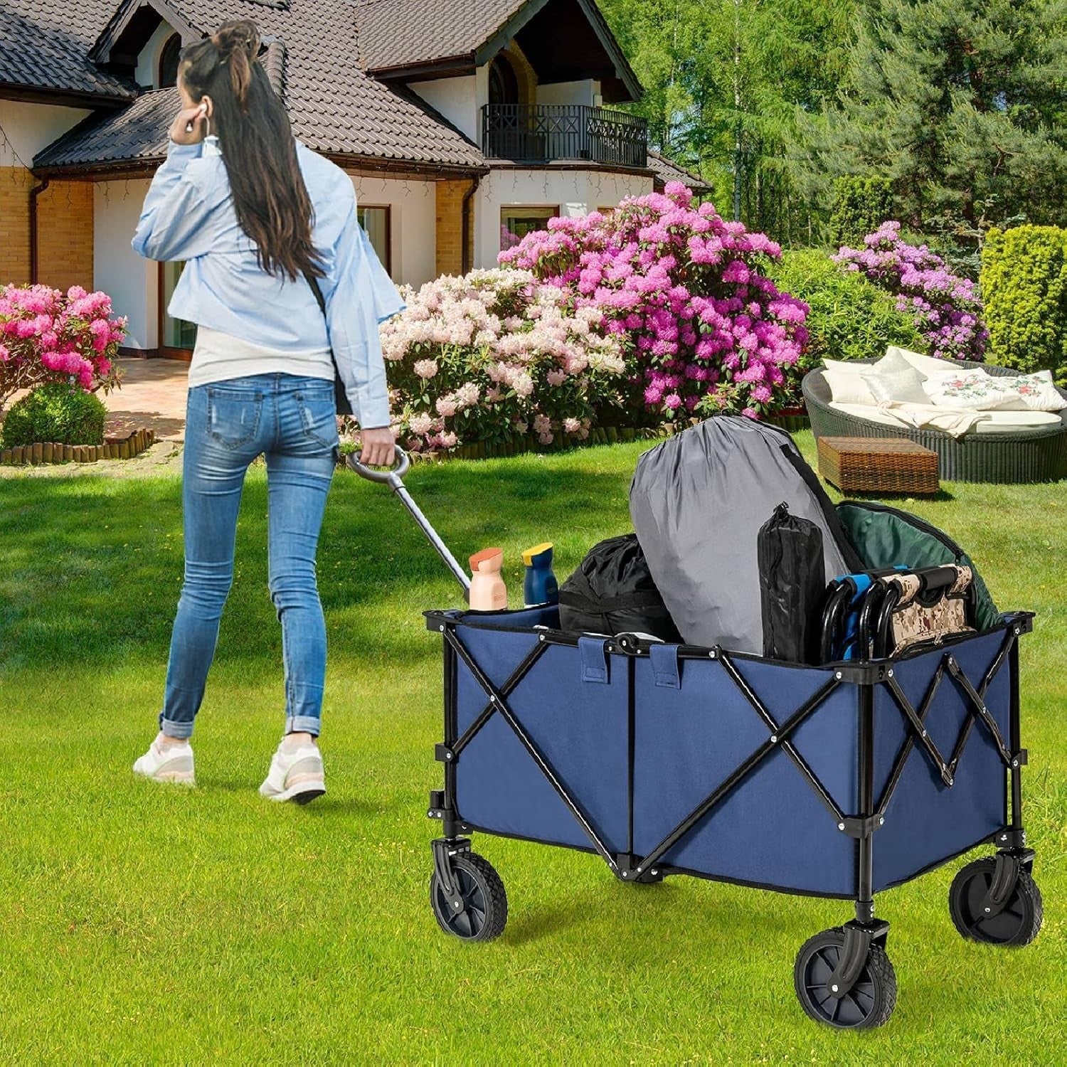 Folding Camping Wagon 87x50x38cm Heavy Duty Garden Cart Cup Holders Navy