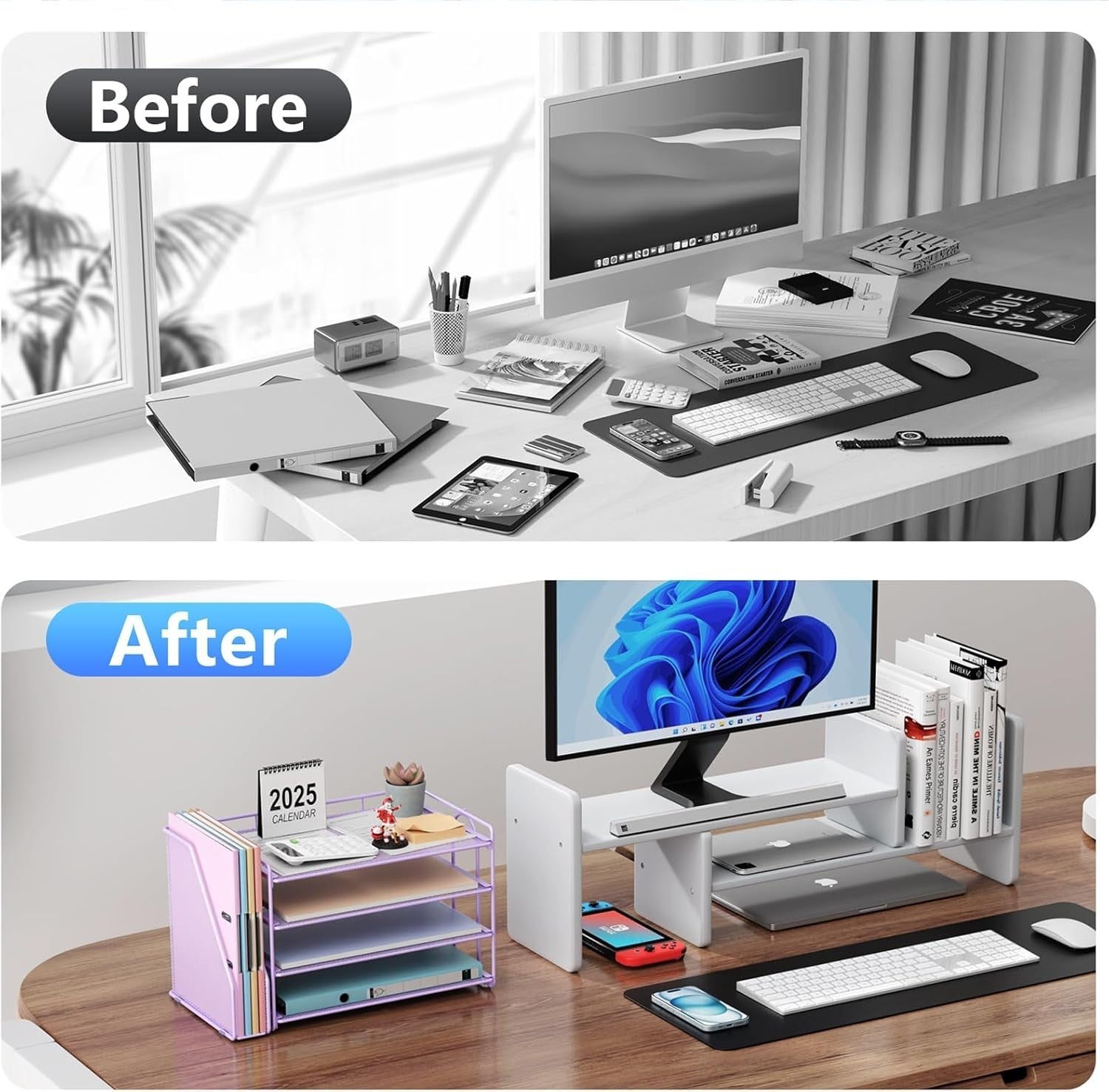 4-Tier Desktop Paper Organizer with Magazine Holder & File Storage, Purple