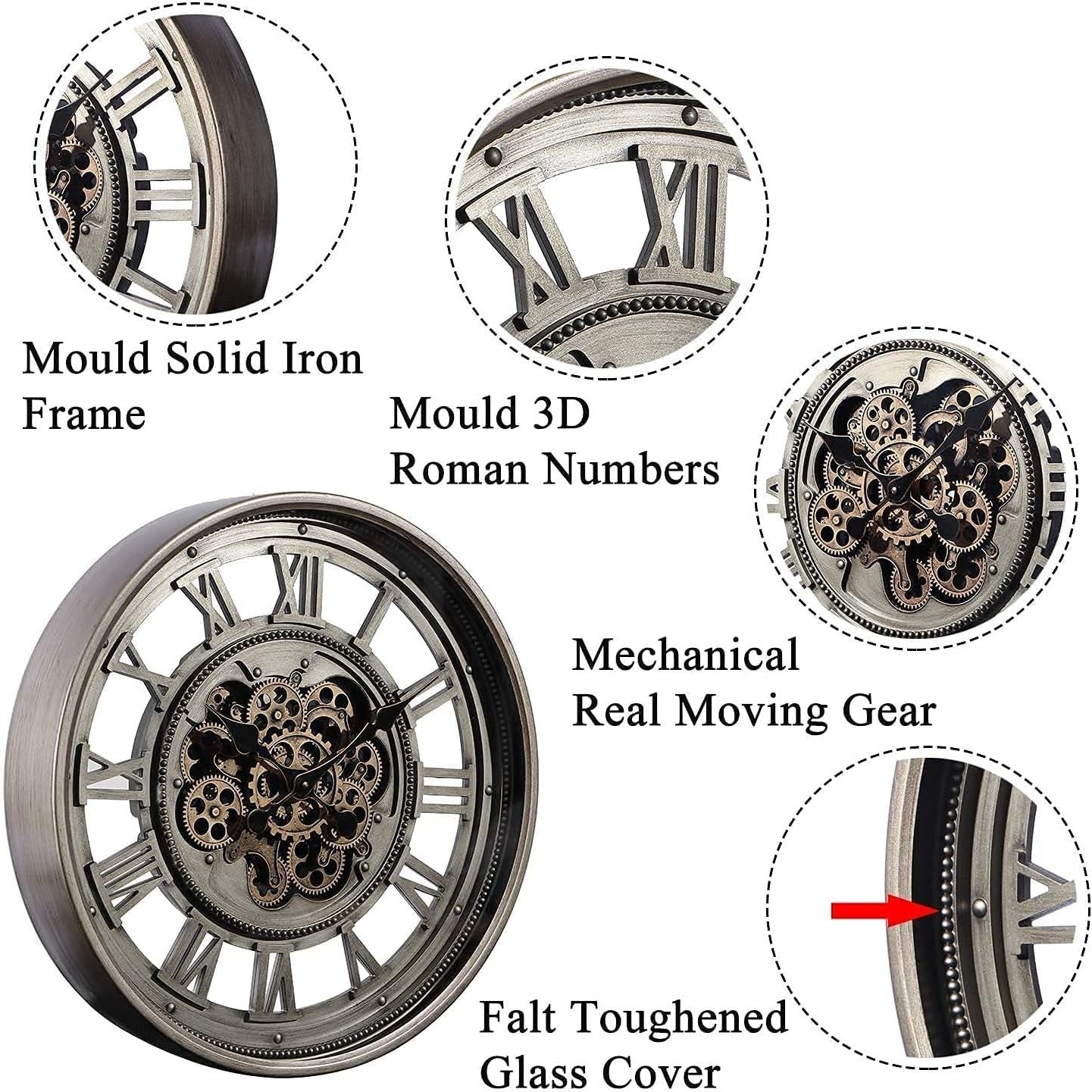 60cm Bronze Wall Clock Industrial Moving Gears Roman Numerals Vintage